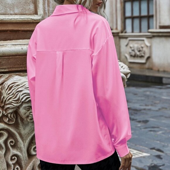 Pink Preppy Womens Solid Button Up Drop Shoulder Shirt - Picture 2 of 4